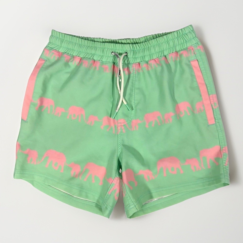 TEAMM8 Men's XS Green Pink Elephant Animal Print Swim Shorts Trunks Pockets
